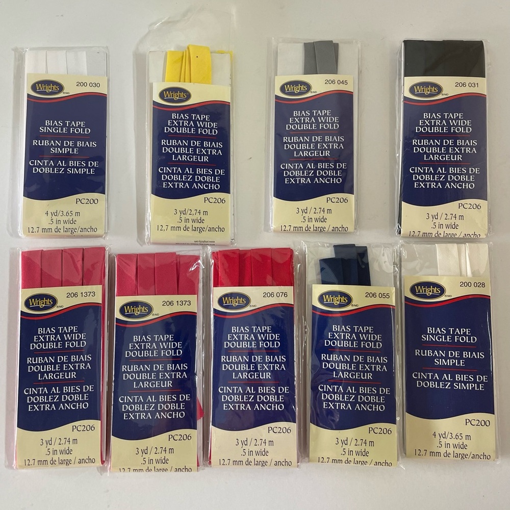Wrights Extra Wide Double Fold Bias Tape. Assorted colors, 9 pkgs